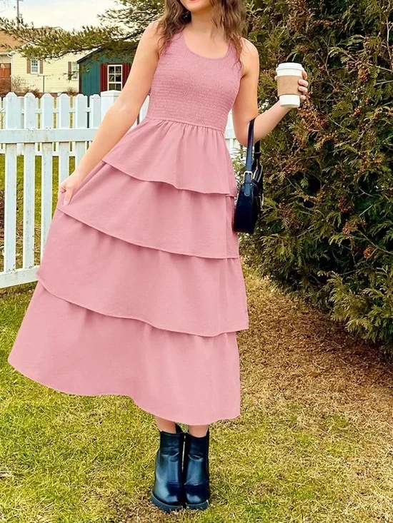 Women’s Tiered Smocked Midi Dress - Pink - Picture 1 of 4